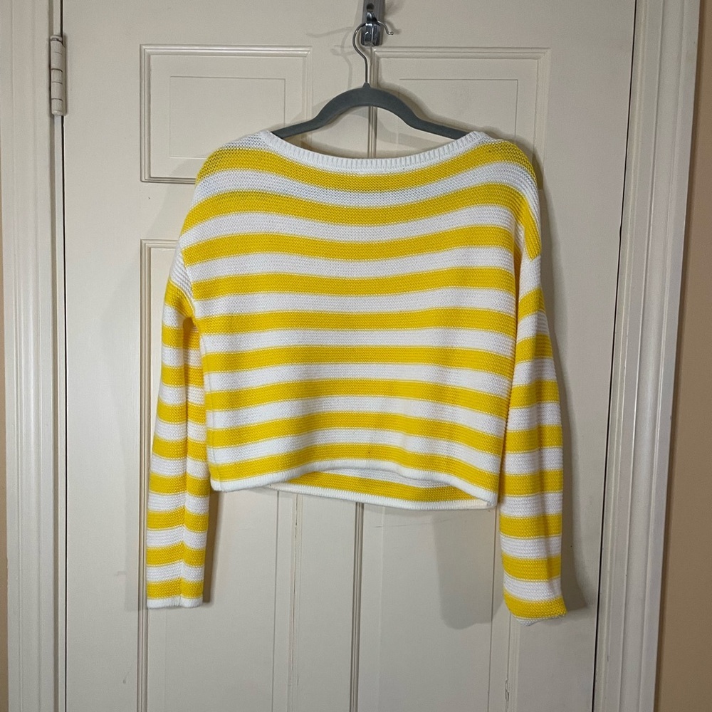 Garage Women's Knit Cropped Sweater Striped Yellow White Long-sleeves Sz S - Picture 5 of 6